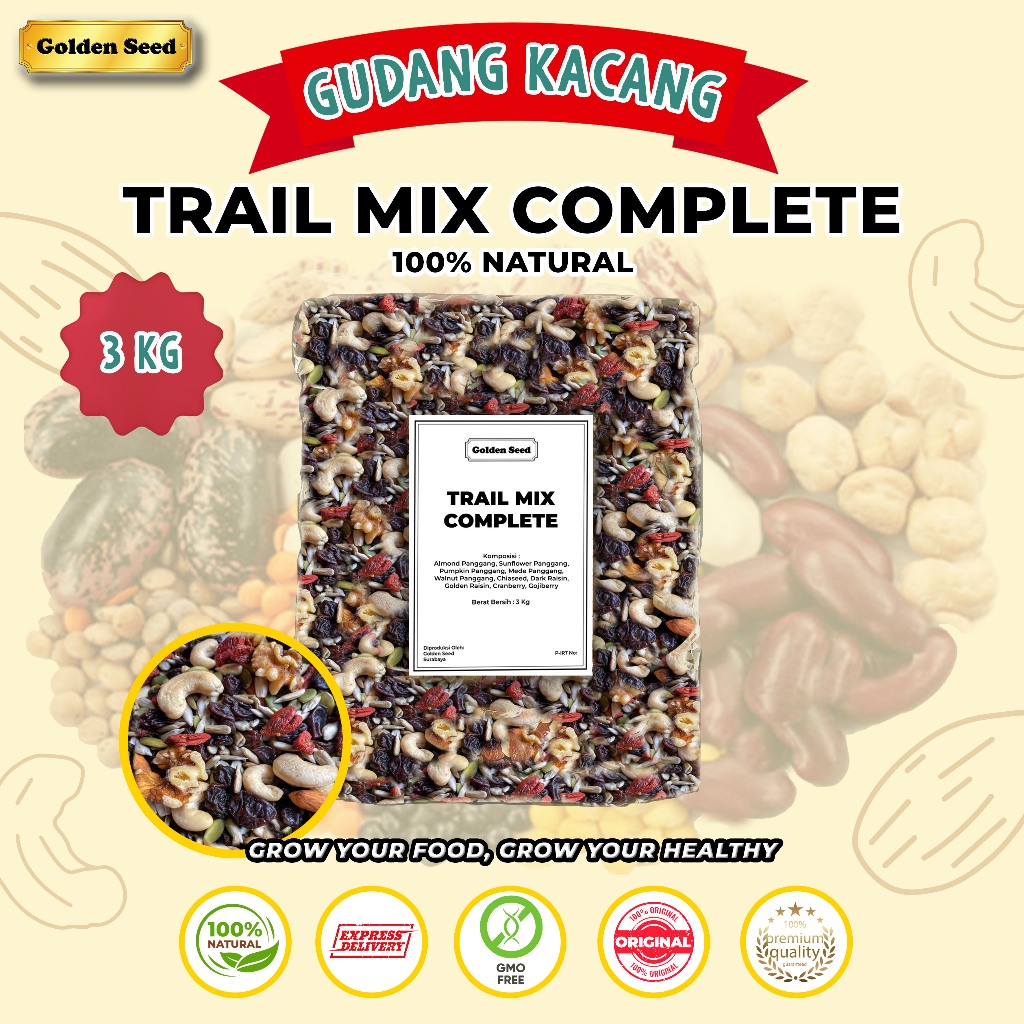 

TRAIL MIX COMPLETE 3 KG/trail mix premium 3000 GR/trail mix cemilan sehat 3KG (almond panggang,pumpkin panggang,mede panggang,walnut panggang,kacang panggang,chiaseed,dark raisin,golden raisin,cranberry,gojiberry)