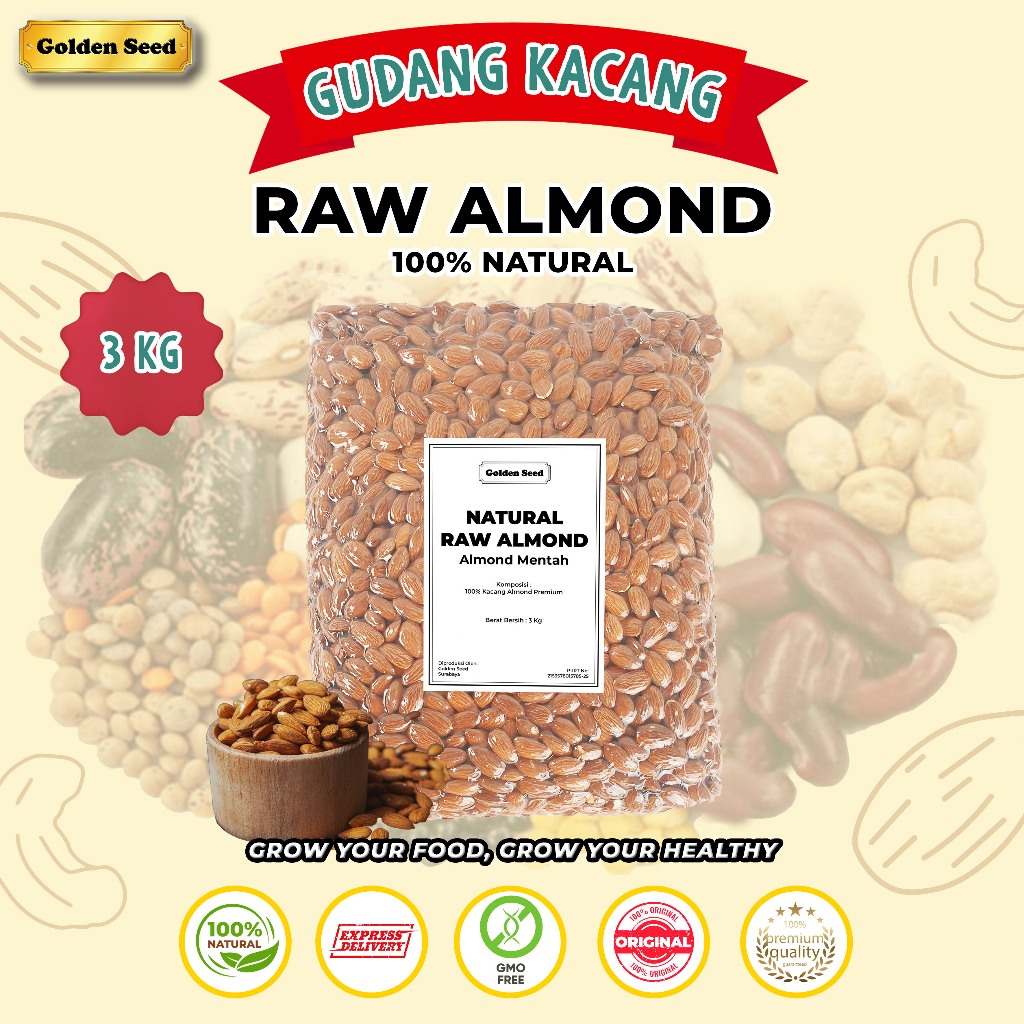 

KACANG ALMOND MENTAH 3 KG / RAW ALMOND 3000 GRAM / RAW ALMOND BLUE DIAMOND 3000 GR / KACANG ALMOND MENTAH PREMIUM