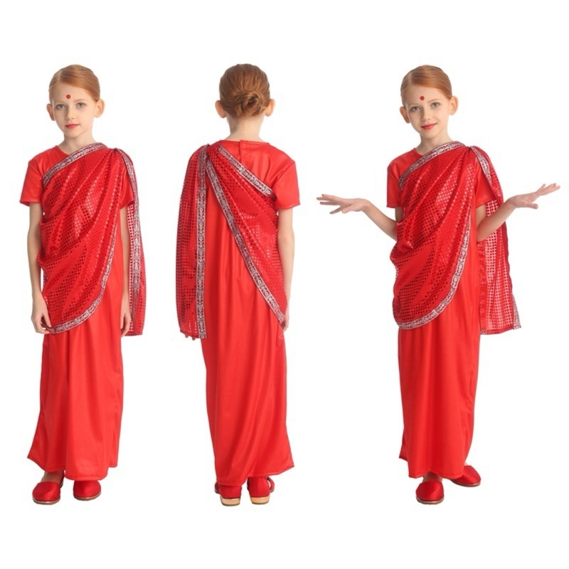 Kostum Royal INDIA Merah Dewasa Baju Sari Saree Shari Dress Cosplay Indian Costume