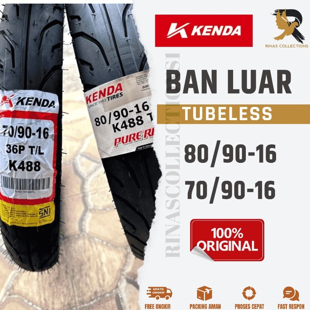 Ban Luar KENDA Tubeless K488 70/90 dan 80/90 Ring 16 Nouvo Skywave hayate ORIGINAL 100%