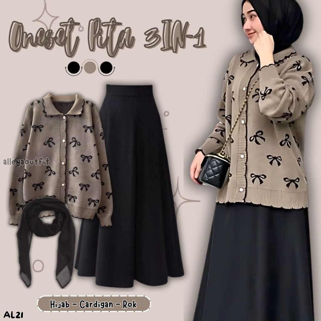 One Set Wanita Kekinian (Cardigan, Hijab, Rok) Outfit OOTD Hijab, Cardigan Pita Khaki, Hijab Hitam, 
