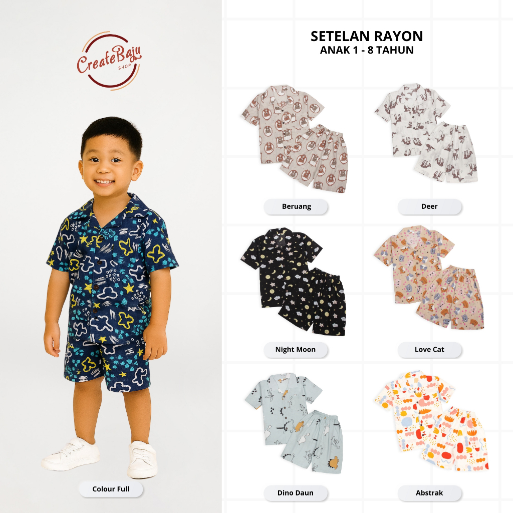 SETELAN RAYON ANAK 1-8 TAHUN SETELAN BAHAN RAYON PREMIUM UNISEX LENGAN PENDEK TERLARIS