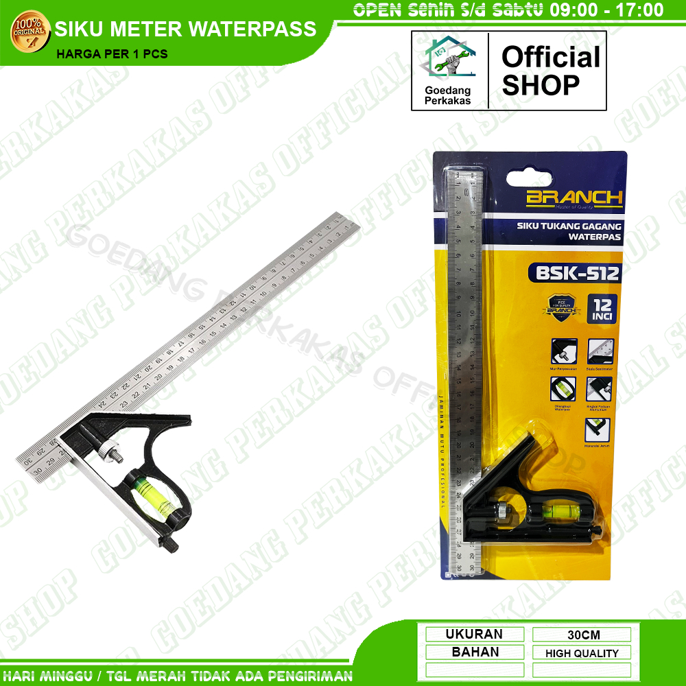 Penggaris Siku Meter Waterpass Besi Sudut 12 Inch / Siku Tukang Waterpas / Mistar 30Cm