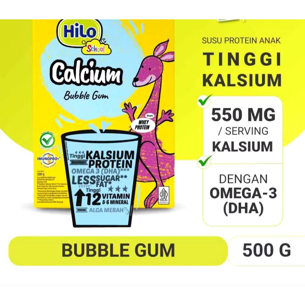 

Hilo School Bubble Gum 500 gram -Susu Tinggi Kalsium Rendah Lemak
