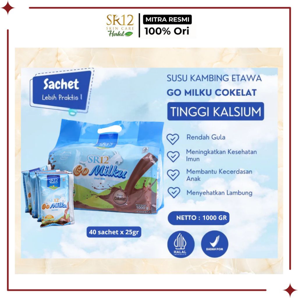 

SR12 Official Mitra - Go Milku Susu Kambing Etawa Rasa Coklat Kemasan Pouch 1kg isi 40 sachet x 25gr - Membantu kecerdasan otak anak dan menjaga imun serta kesehatan tulang dan gigi - SR12 Reseller Riau - Pekanbaru - Riau