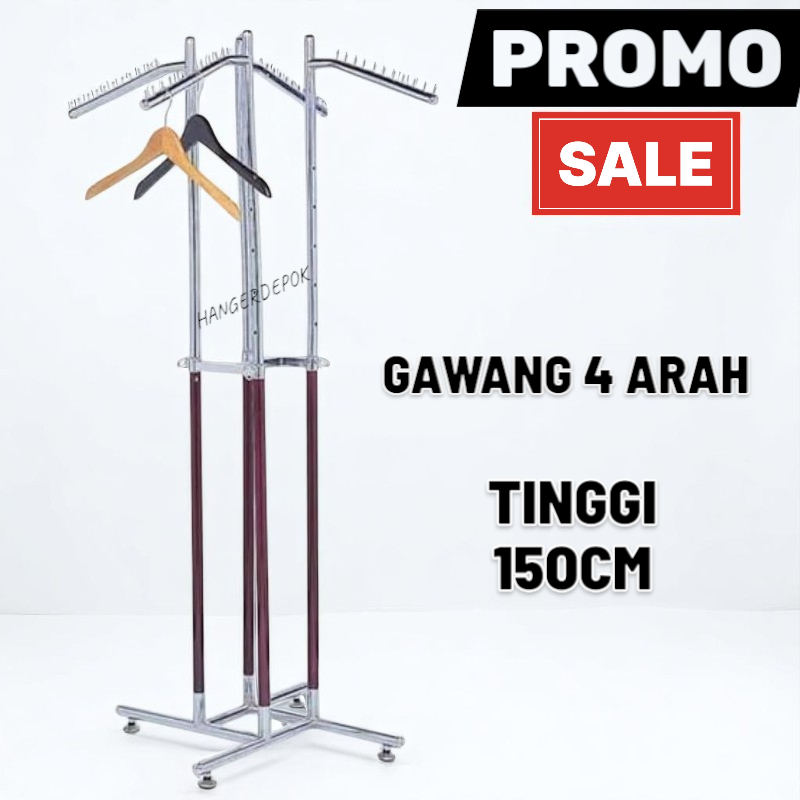PAKE RODA GAWANGAN BAJU STAND GANTUNGAN BAJU GAWANG 4 ARAH + RODA GAWANG