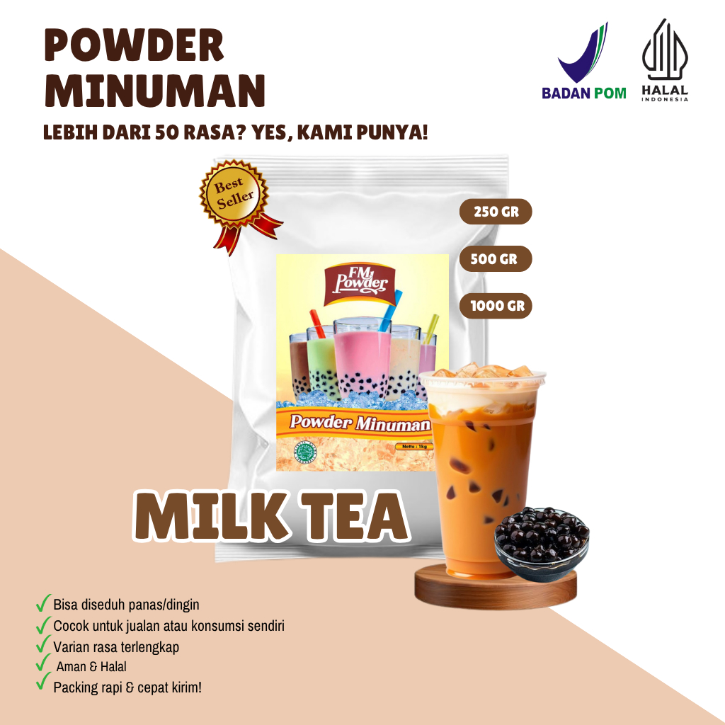 

MILK TEA FM Powder Drink - Bubuk Minuman Instan Varian Rasa Buah Kemasan 500gr dan 1000gr(BPOM&HALAL) Minuman Praktis, Harga Hemat, dan Rasa Fantastis