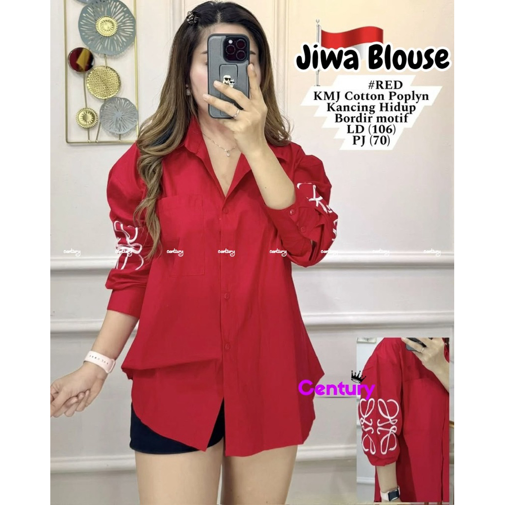 Jiwa Blouse/ Kemeja Merah Putih Busui Friendly/ Blouse Wanita Merah Putih Bordir Motif