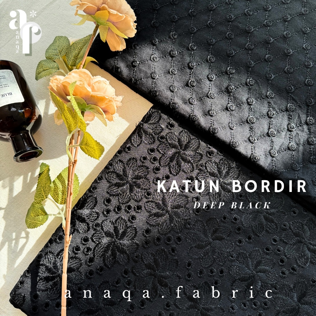 Kain katun bordir motif bahan dress mukena outer blus varian warna hitam lebar 150 cm per setengah m