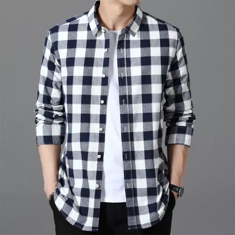 Kemeja Pria / Baju Pria / Kemeja Flanel Kotak-Kotak / Kemeja Pria Lengan Panjang // Putih Kotak-kota