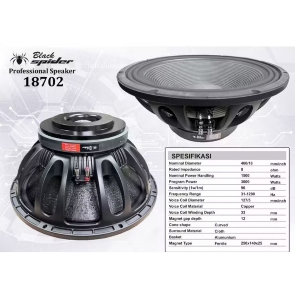 Speaker komponen 18 inch blackspider 18702 subwoofer black spider voice coil 5 inch