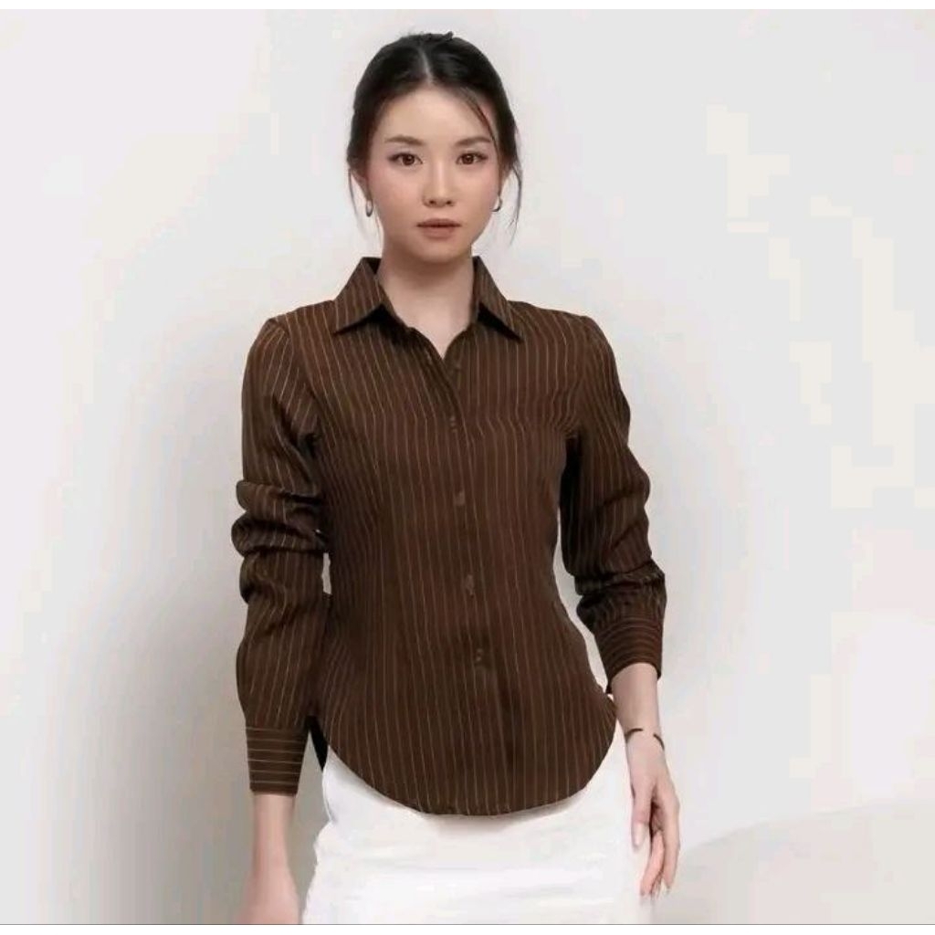 luna stripe kemeja  fitted  - Kemeja Wanita Fitted Stripe Salur Basic Casual-atasan lengan panjang-k