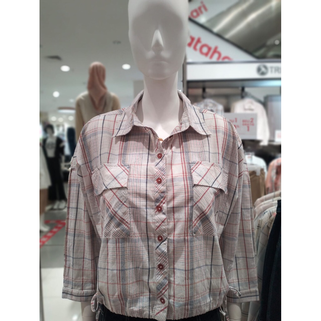 Triset Casual kemeja Wanita Kotak- kotak S-XL