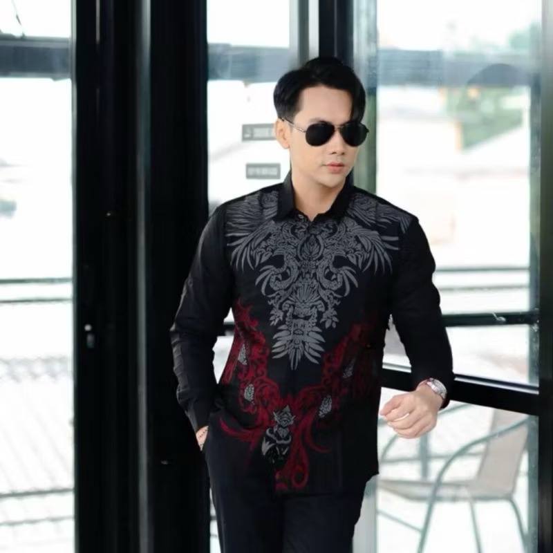 kemeja Batik pria lengan panjang terbaru MOTIF AKAR HITAM size M L XL XXL/ Kemeja batik pria lengan 