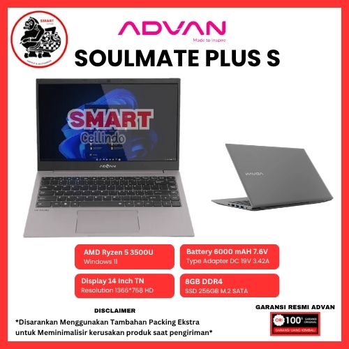 ADVAN Laptop Soulmate Plus S AMD Ryzen 5 3500U 8GB/256GB Upgradable & Soulmate T 4GB/EMMC128GB