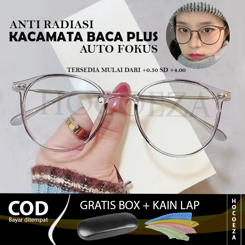 Kacamata Baca Plus Auto Focus Rabun Dekat Anti Radiasi Frame Bulat Oval Gagang Besi  Kekinian trendy