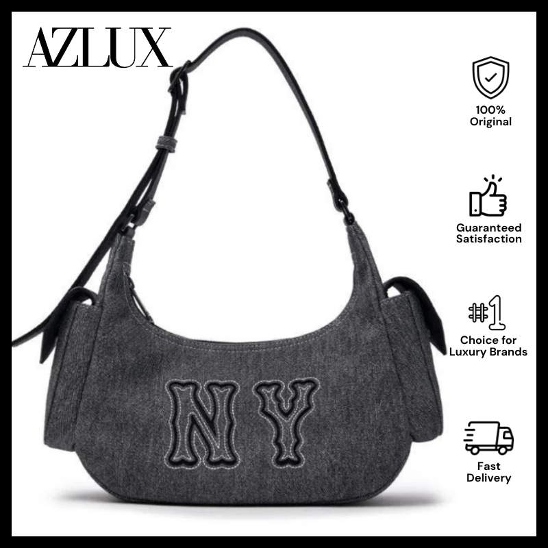 MLB Korea Denim Coopers Mega Logo New York Yankees Hobo Bag Black