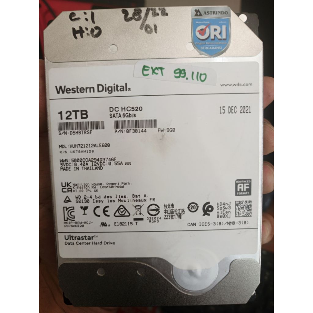 WD ULTRASTAR 12TB ORIGINAL GARANSI RESMI