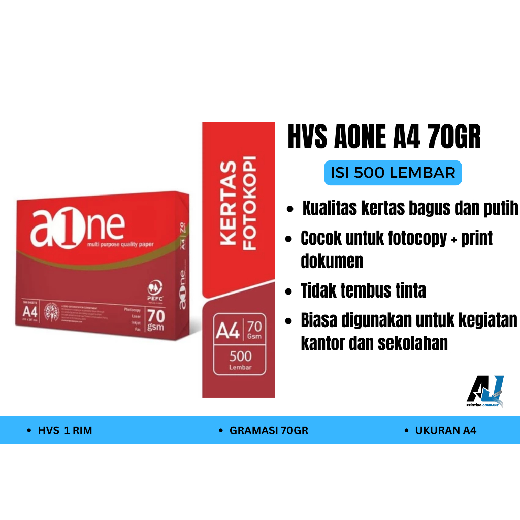 

KERTAS HVS AONE KERTAS A4 70 GSM 1 RIM 500 LEMBAR KERTAS FOTOCOPY KERTAS PRINT FOTOKOPI PUTIH MURAH