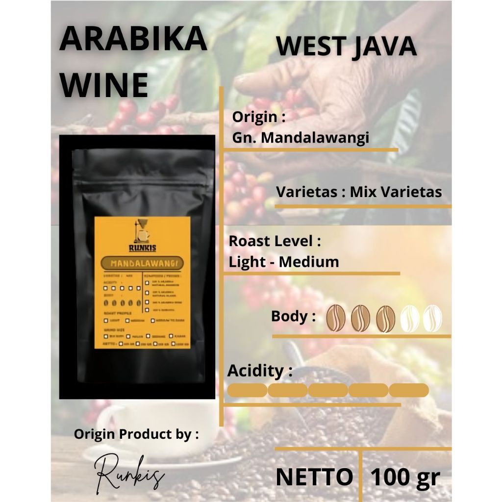 

RUNKIS Biji Kopi Arabika Wine 100gr origin Mandalawangi