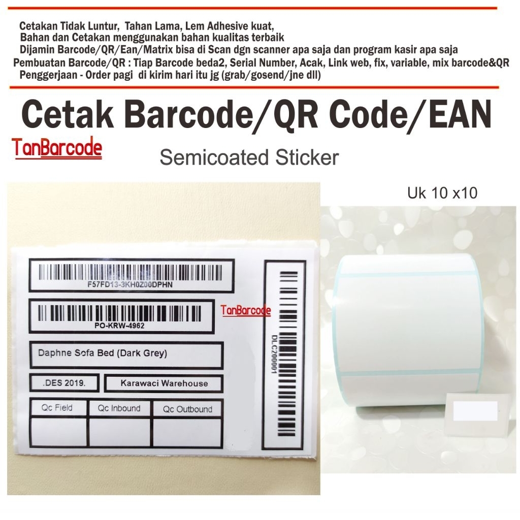 

Cetak sticker Barcode/EAN/QR/MATRIX 10x10 cm semicoated