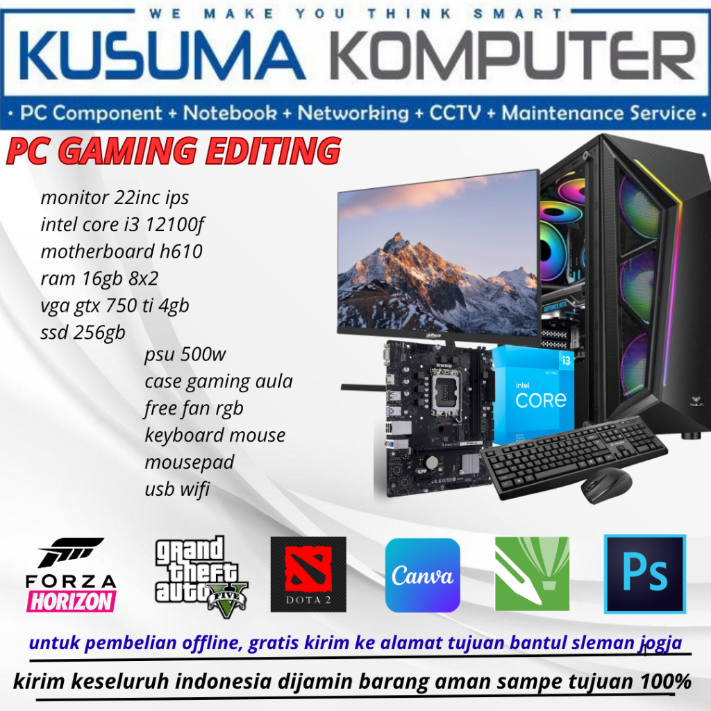 PC Fullset Paket PC Gaming Editing INTEL CORE I3 12100F VGA GTX 750 TI RAM 16GB