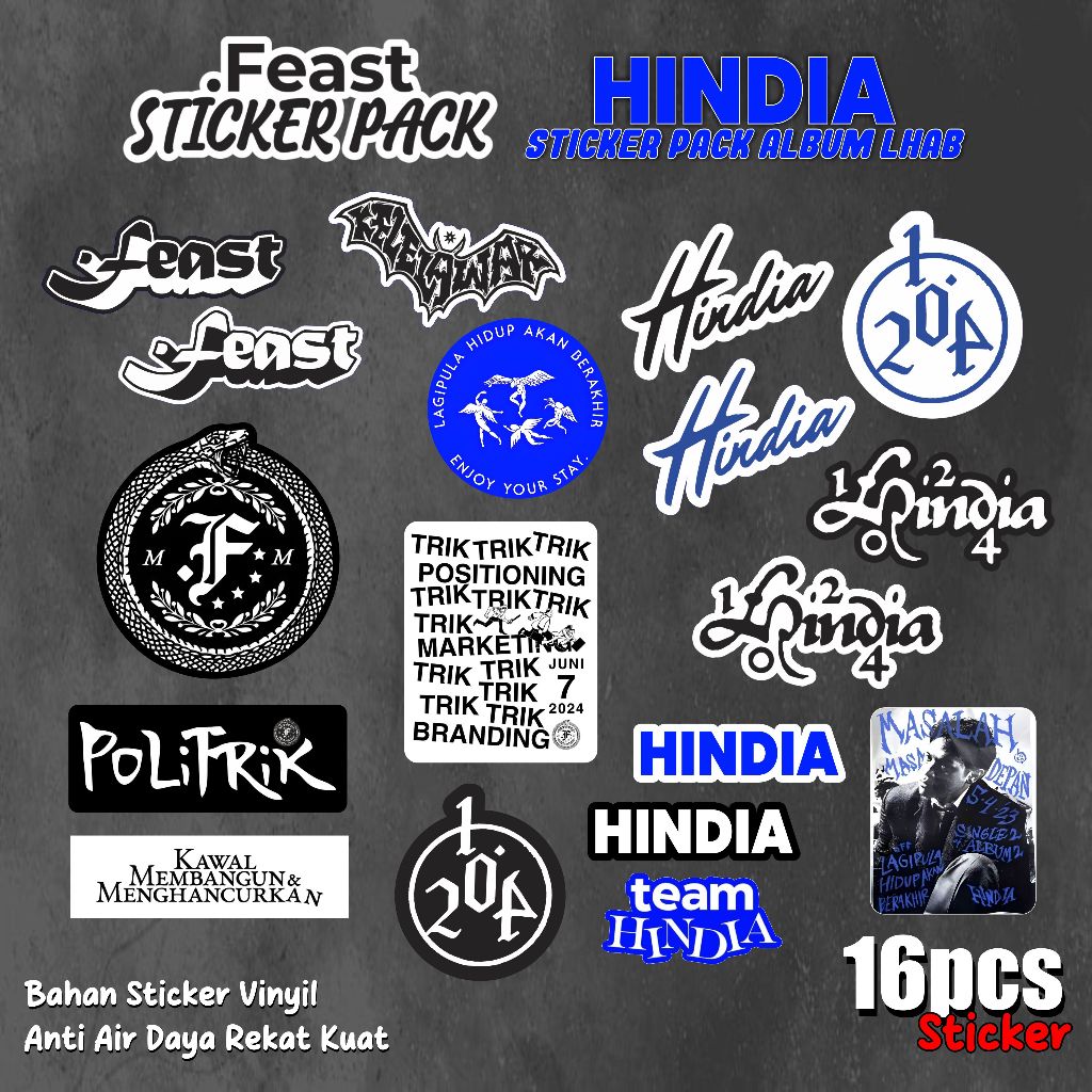 

Stiker Pack Vinyl Hindia & Feast Sticker Helm Gitar Laptop Anti Air | Indie Sticker Pack Lamniasy Glossy Stiker Band Indie Lokal | Sticker Aesthetic Band Tumbler STIKER Laptop HP Ipad Sticker Pack | 16pcs stiker pack Hindia & Feast sudah cutting tinggal t
