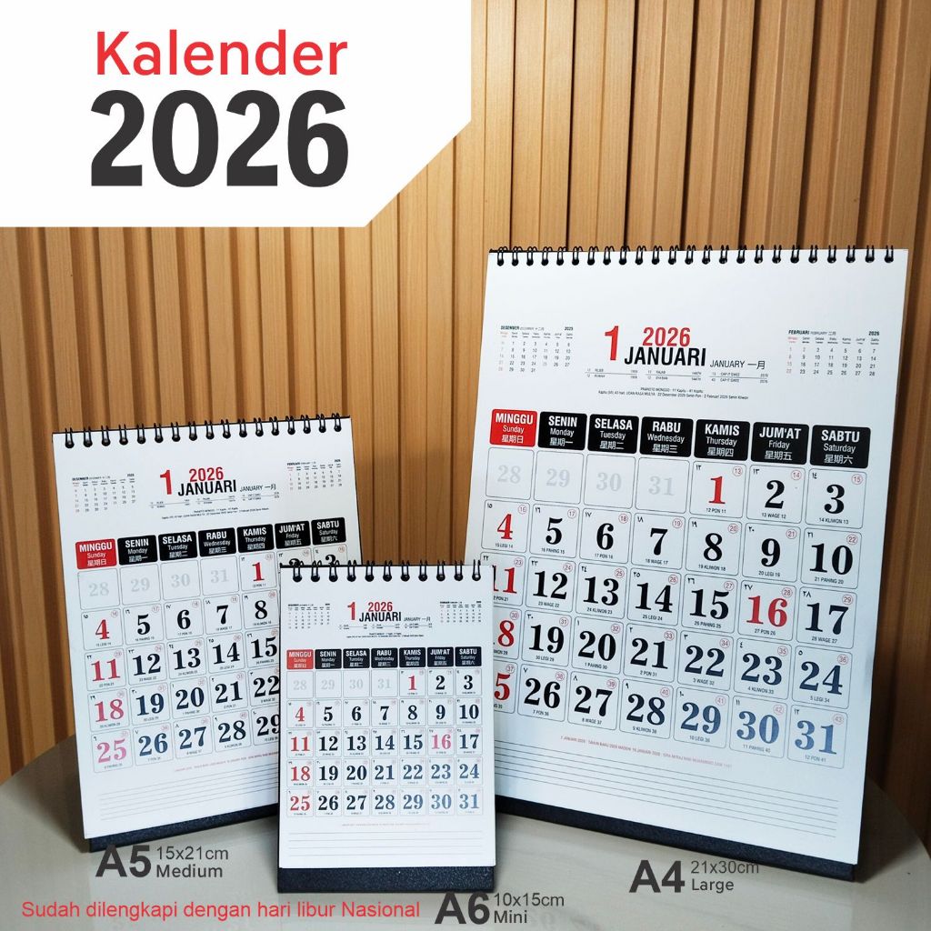 

Kalender meja 2026,MAS-21,Kaalender dilengkapi dengan penggalan Masehi Hijriyah Jawa China dan Pranotomongso