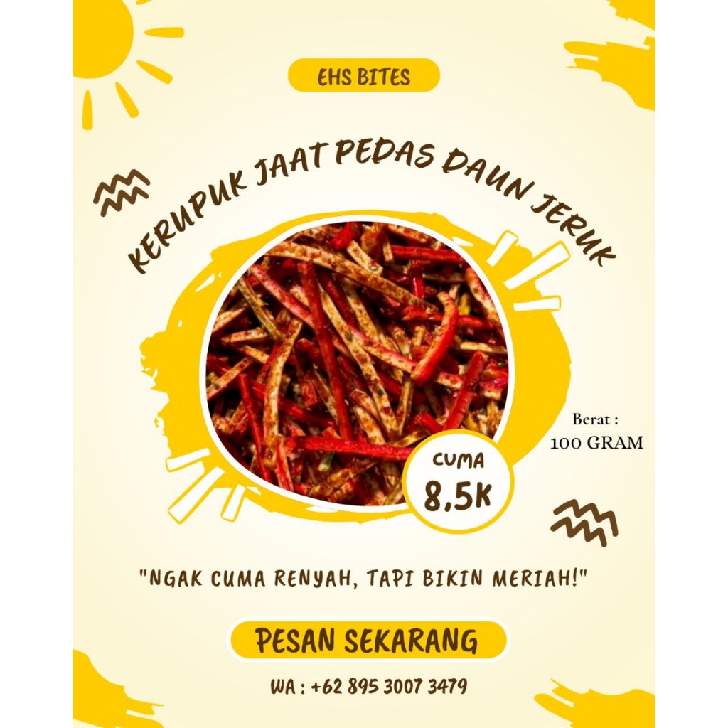 

KERUPUK JAAT PEDAS DAUN JERUK 100 GRAM / KERUPUK BETON PEDAS 7 EHS BITES