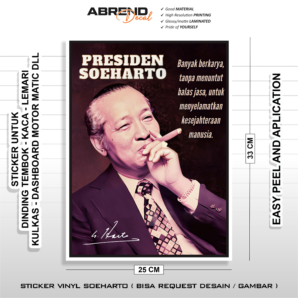 50K GET 3 PCS - Stiker Vinyl Soeharto Lembaran / Sticker Kaca Mobil Belakang / Dinding / Lemari / St