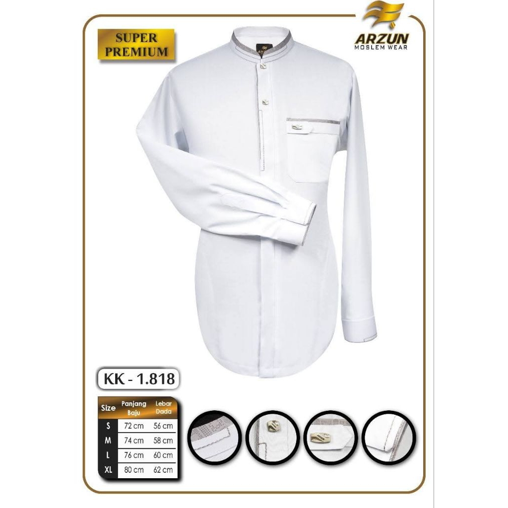 Baju Kemeja Koko Pria Moderen ARZUN, Kemaja Koko pria putih polos lengan panjang bahan katun premium