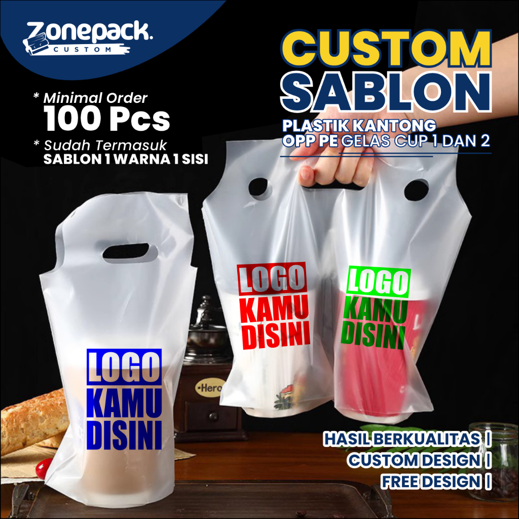 Sablon Plastik Kantong Opp PE Gelas Cup 1 Dan 2 | Kantong Plastik Tenteng Polos Buram Minuman Kopi E