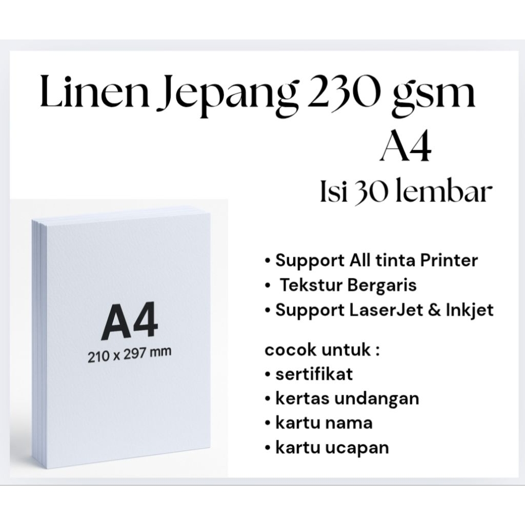 

Kertas Linen Jepang Premium A4 Isi 30 Lembar 230 gsm – Kertas Tebal Untuk Sertifikat, Undangan | Tekstur Elegan.