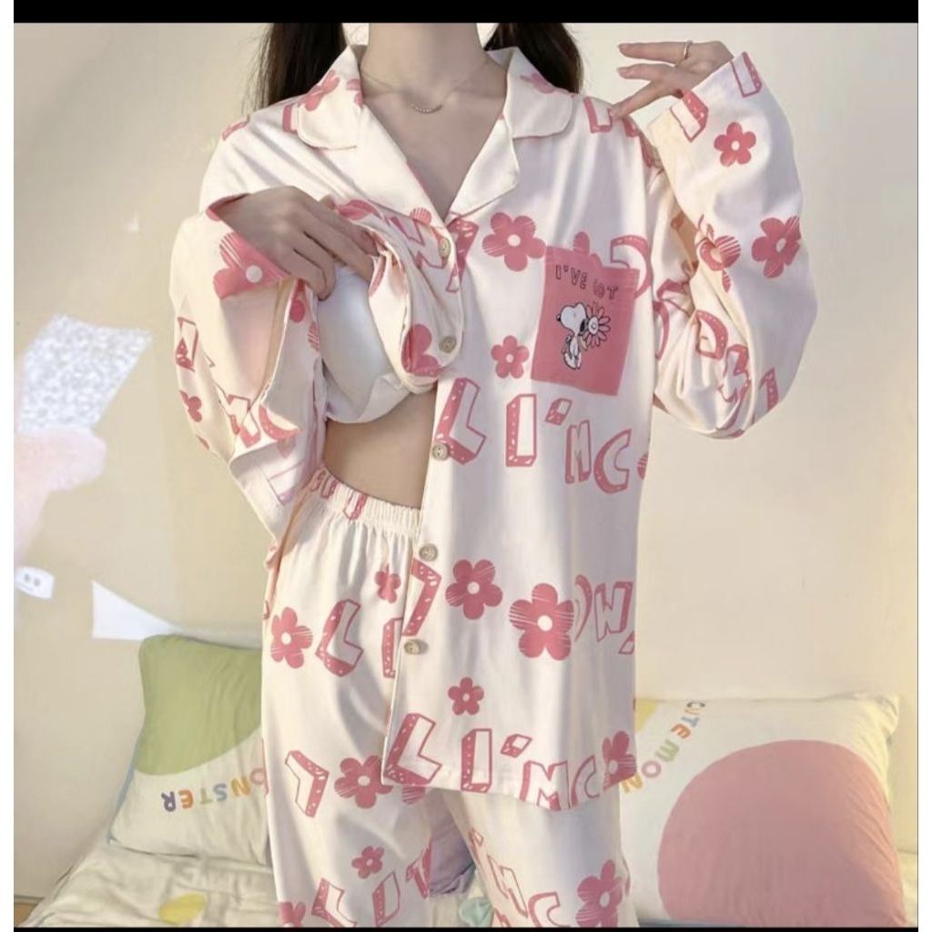 PIYAMA IMPORT PP KANCING PREMIUM SNOPPY PINK