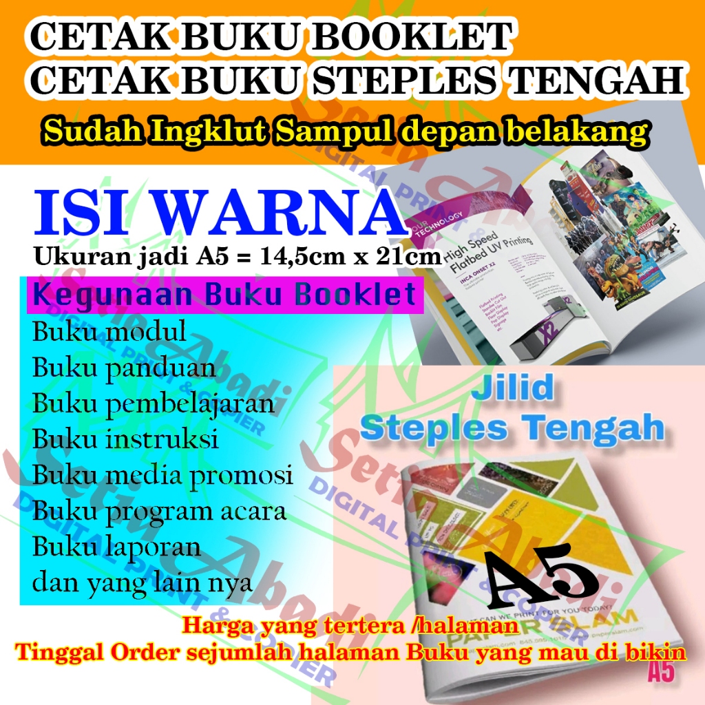 

Cetak Buku Booklet Steples Tengah Isi Warna A5 Sudah Termasuk Sampul