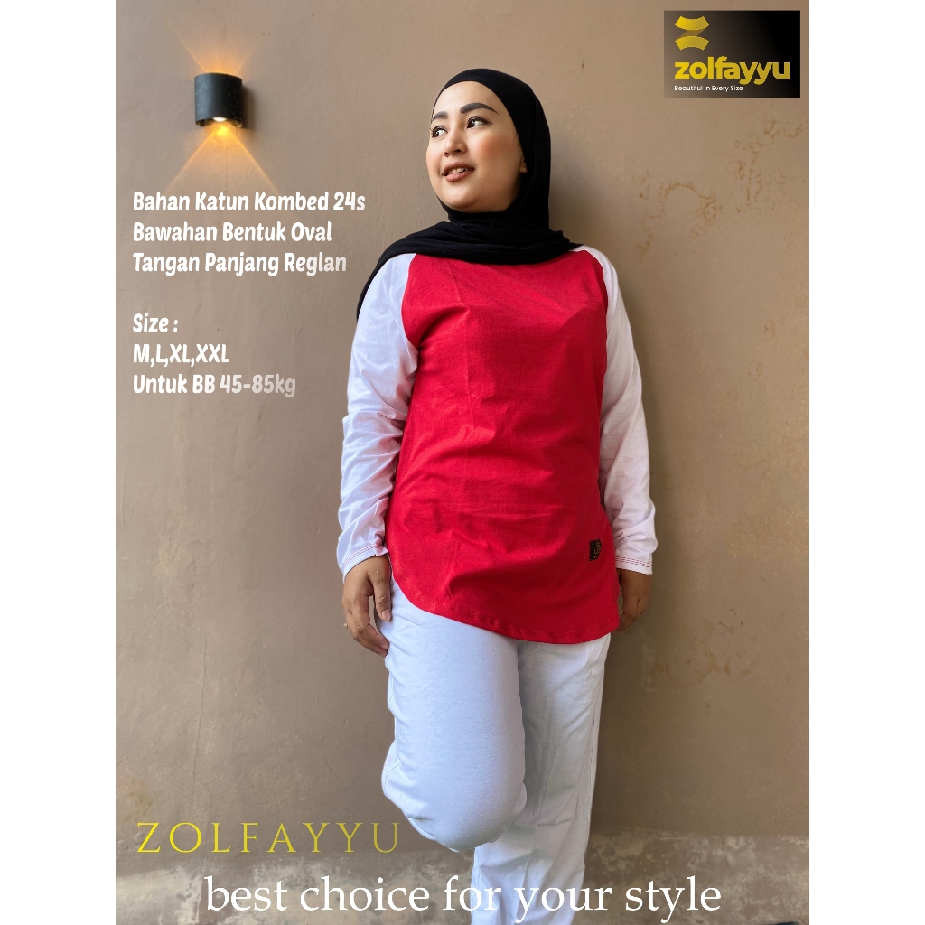 Zolfayyu. Kaos Tunik Raglan Bawahan Oval Polos Austusan Merah Putih