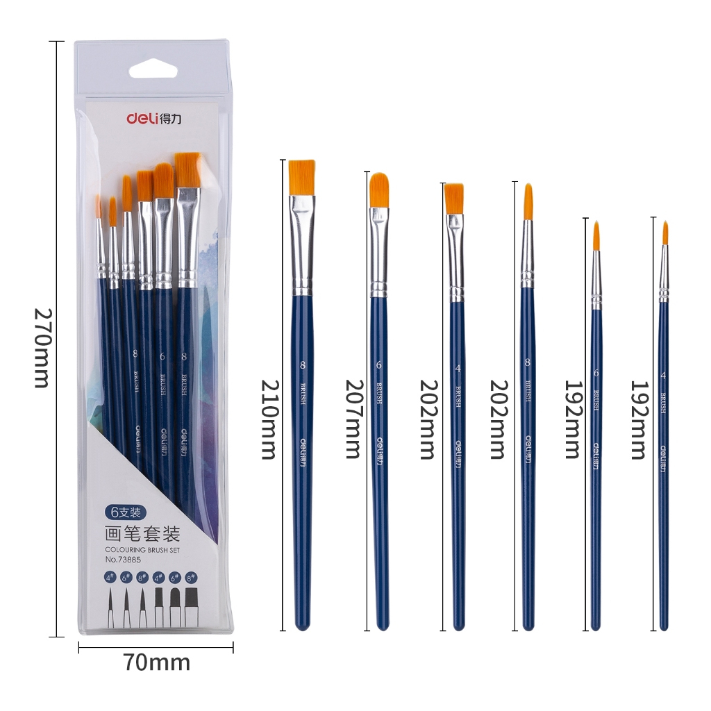 

Kuas Lukis Nilon Mix Pipih Lancip DELI isi 6 pcs Nylon Brush