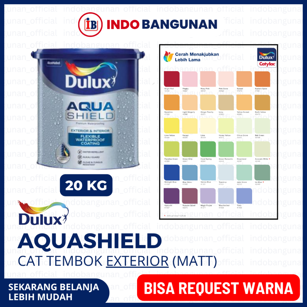 CAT TEMBOK EXTERIOR DULUX AQUASHIELD EXTERIOR 20KG / BISA REQUEST CUSTOM WARNA PUTIH