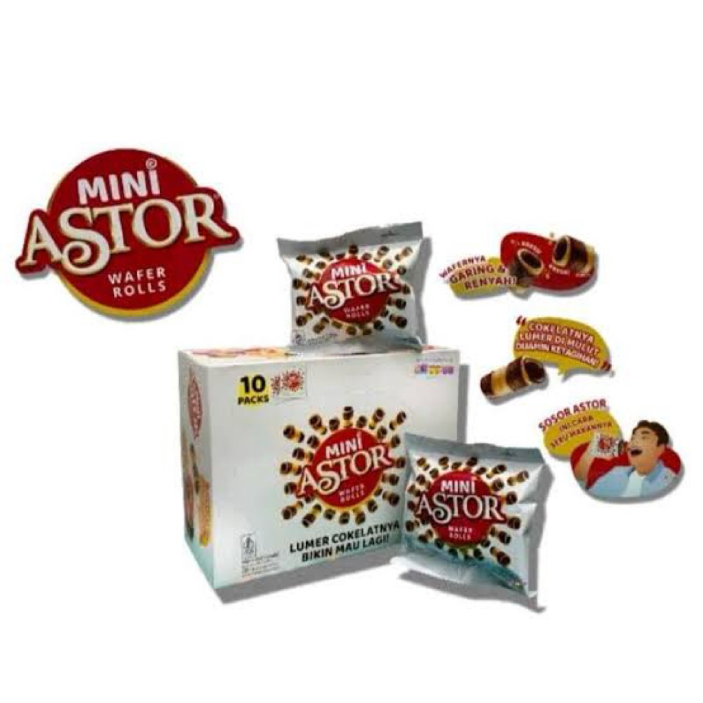 

MINI ASTOR Wafer Rolls Coklat 1 Box Isi 10 Sachet @20g/Sachet