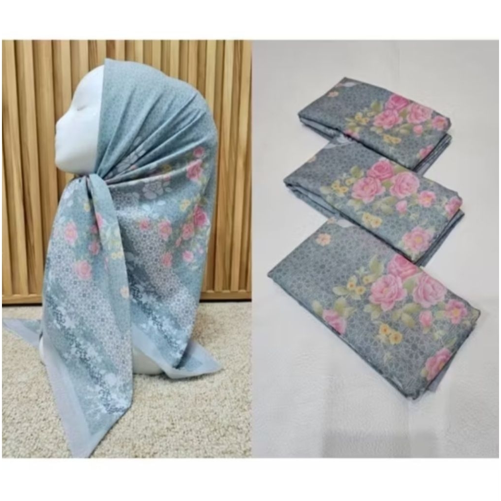 HIJAB SEGI EMPAT MOTIF BUNGA WARNA BLUE SKY KERUDUNG VOAL PREMIUM