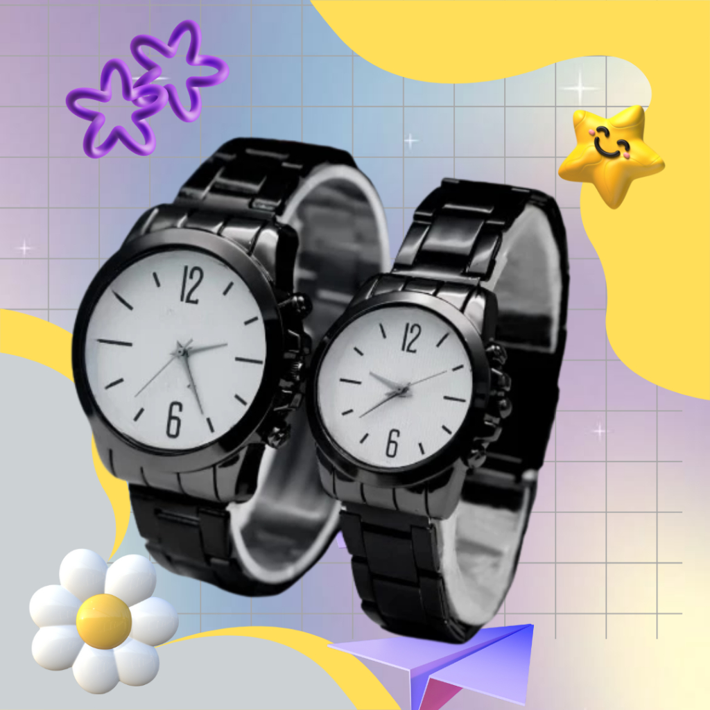 Jam Tangan Couple Wanita Pria Stainless Steel / Jam Tangan Rantai Besi - Warna Hitam
