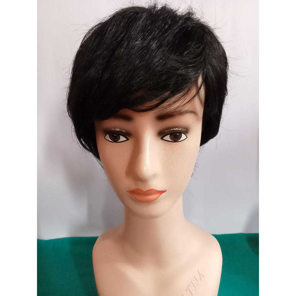 Wig pria rambut pendek ikal hitam