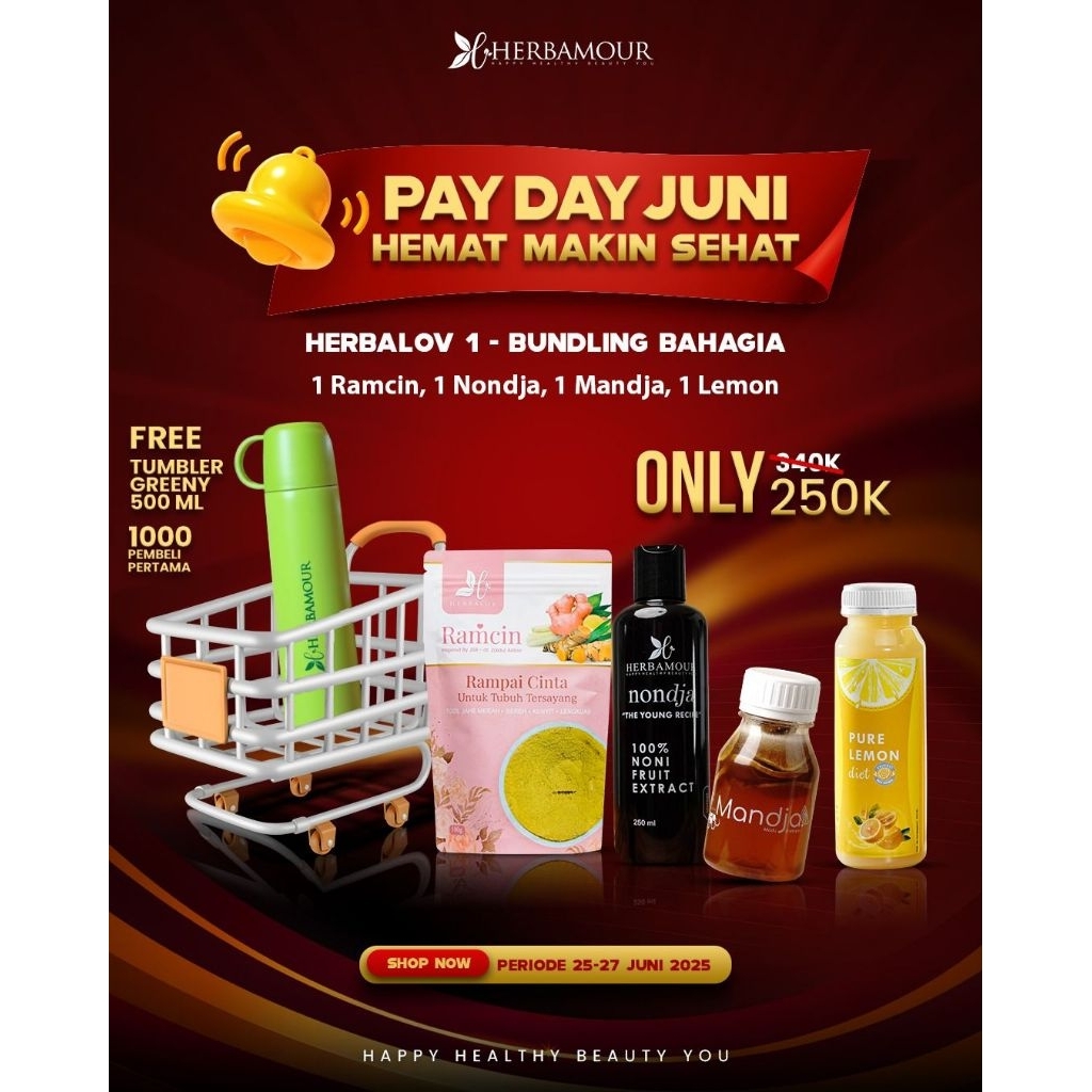 

Pay Day Juni Bundling Bahagia. 1 Ramcin, 1 Nondja, 1 Mandja, 1 Lemon