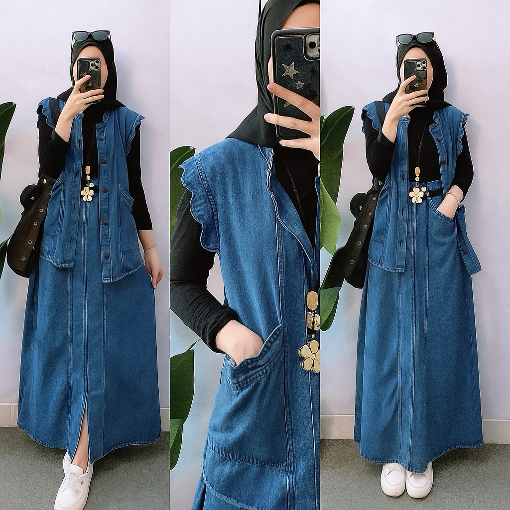Fashion MUSLIM, baju stelan wanita,One set Rok Jeans.stelan,Baju stelan,one set. Set Rok Jeans Belah