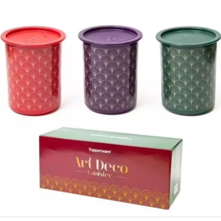 Tupperware Art Deco Canister set 3 pc free Giftbox  toples plastik murah diskon wadah kue kering tem