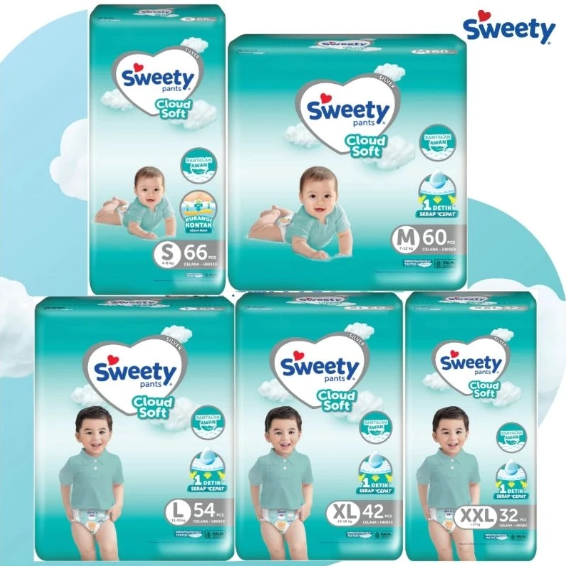 Pampers SWEETY SILVER PANTS S66 / M60 / L54 / XL42 / XXL32 ( BIRU)