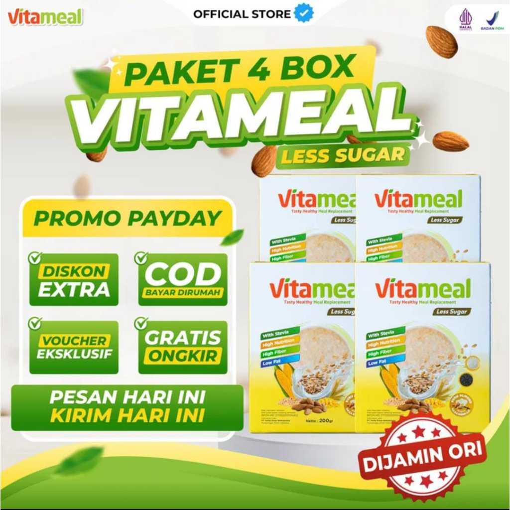 

VITAMEAL LESS SUGAR Paket 4 Box Membantu Menangani Masalah Hipertensi Dan Menstabilkan Tekanan Darah Berlebih Membantu Menstabilkan Gula darah Dan Kolesterol Berlebih Aman Di Konsumsi Bpom