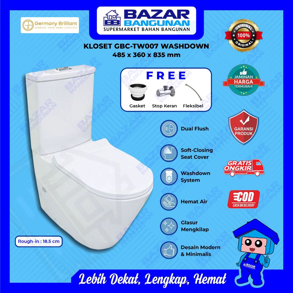 Germany Brilliant - Closet Kloset Toilet Duduk WC GBC TW007 GBCTW007 Dual Flush Soft Close Wash Down