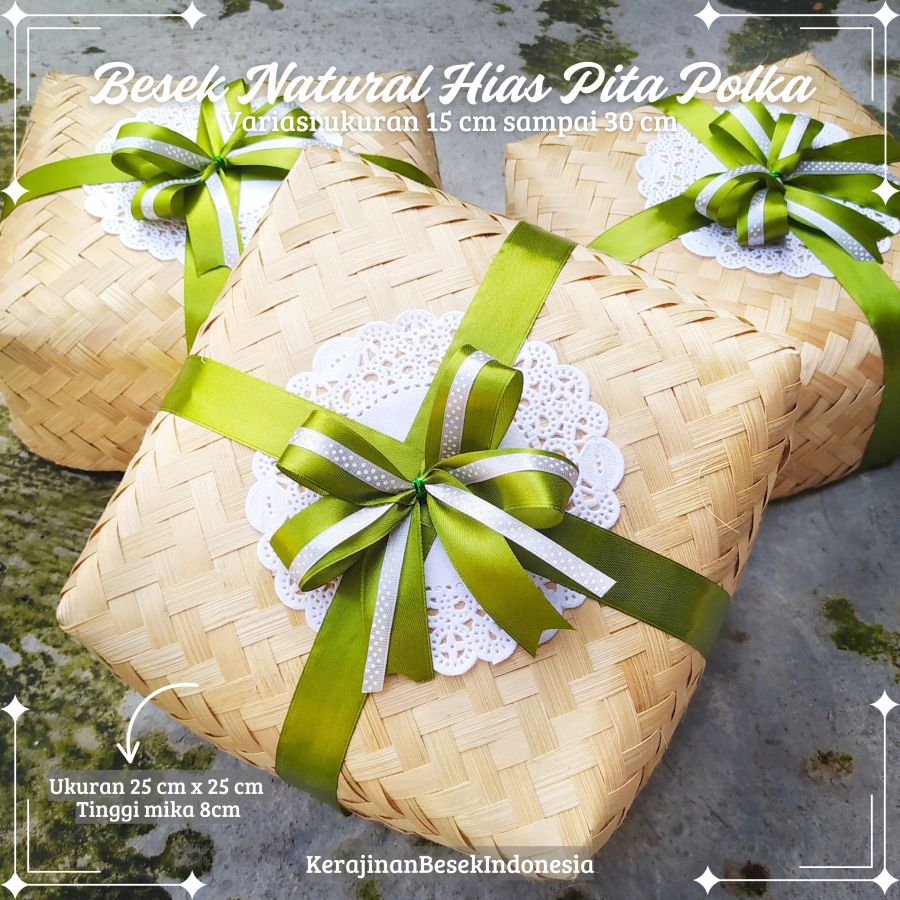 

CANTIK BANGET Sepasang besek bambu 15cm-30cm natural pita polka kotak nasi box snack hampers souveni