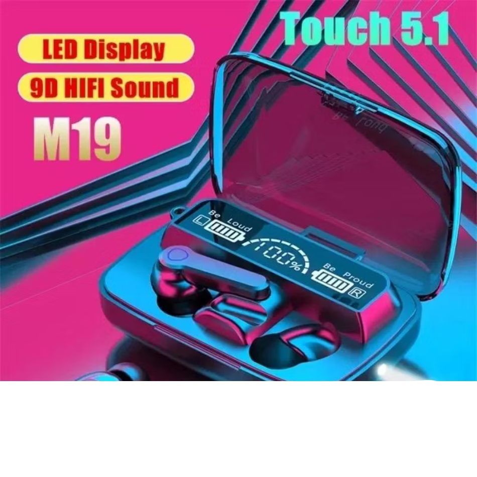 HEADPHONE BLUETOOTH 5.1 EARBUD M19 TWS NIRKABEL LED DIGITAL POWER DISPLAY BASS STEREO
